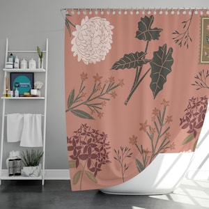 Floral vintage Shower Curtain, pink peony flower spring summer green leaf garden, Bathroom Curtain Mat, home bath decor, House warming Gift
