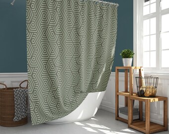 Green hexagon retro Shower Curtain, 3D geometry 70s vibe mid-century bathroom curtain mat, contemporary modern Home bath Decor, House Gift