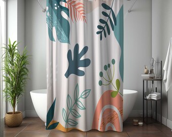 Boho leaves Shower Curtain, blue bohemian leaves palm monstera leaf, botanical bathroom curtain mat, home bath Set decor, house warming gift