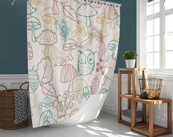 Owl & mushroom Shower Curtain, modern farmhouse nordic cottagecore bathroom curtain mat, home set decor bath, scandic house warming gift