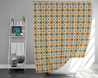 Orange flower retro Shower Curtain, blue floral Mid-century 70s vintage colorful Bathroom Curtain Mat, Home bath Decor, House warming Gift