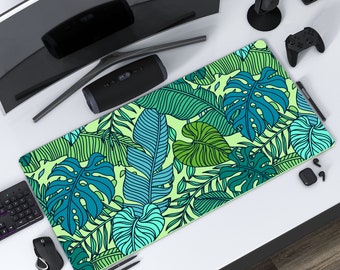 Green leaves large mousepad, green blue banana palm monstera leaf botanical tropical deskmat, home Office decor, computer keyboard pad, gift
