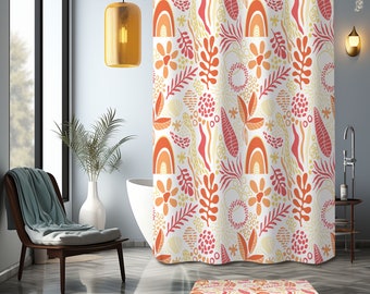 Boho floral Shower Curtain, red orange flower bohemian spring summer cottagecore bathroom curtain mat, home bath decor, house warming gift