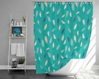 Blue leaves forest Shower Curtain, botanical tropical modern white farmhouse, Bathroom Curtain Mat, home bath Decor, House warming Gift