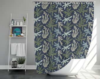Ocean green algae Shower Curtain, seaweed blue abstract modern Bathroom Curtain Mat, beach sea underwater plant home bath decor, house gift