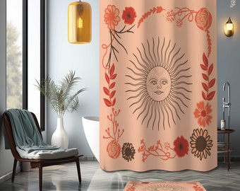 Boho Duschvorhang Sonne, rote Blume Sommergarten, Boho Bad Vorhang Matte, Haus Dekor Bad, Einweihungsgeschenk