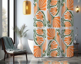 Orange Floral  Shower Curtain, Flower green leaves Mid-century vintage, whimsical eclectic Bathroom Curtain Mat, Home bath decor, house gift