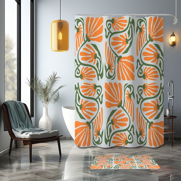 Orange Floral  Shower Curtain, Flower green leaves Mid-century vintage, whimsical eclectic Bathroom Curtain Mat, Home bath decor, house gift