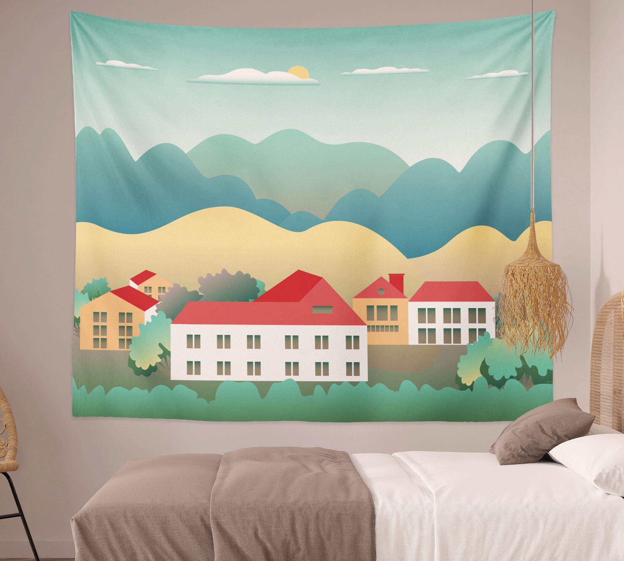Arazzo da parete con lago blu per soggiorno, stampa di paesaggio lacustre vintage, dipinto di montagna per baita sul lago, arte murale blu, dipinto tranquillo per camera da letto - Italia