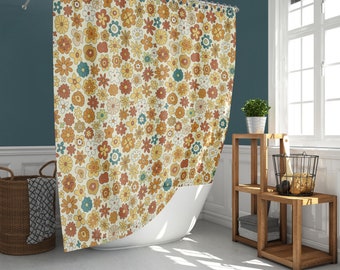 Colorful flower retro Shower Curtain, brown blue floral Mid-century 70s vintage, Bathroom Curtain Mat, Home bath Decor, House warming Gift