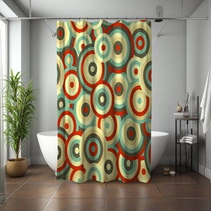 Retro circle blue red Shower Curtain, Mid-century 70s vibe red blue decor, Bathroom Curtain Mat, Home bath Set Decor, House warming Gift