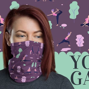 Yoga pose gezichtsmasker, nekhoes, wasbaar herbruikbaar ademend, cadeau voor vrouwen, stijlvolle accessoires, sjaal, bandana, hoofdband, paars