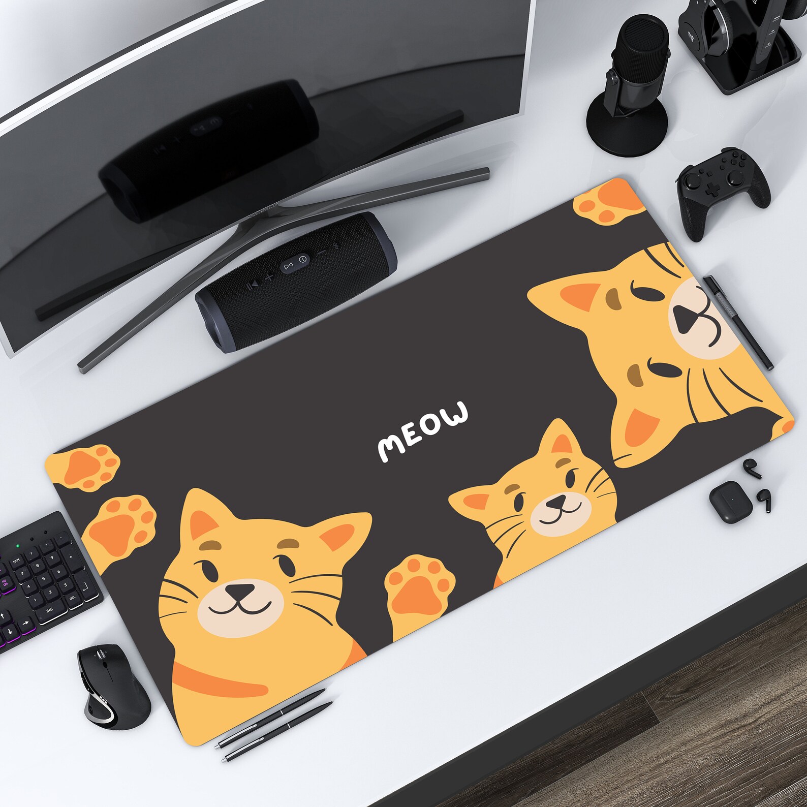 Cute Kawaii Cats Large Mousepad, Pet Animal Meow Kitten Desk Mat ...