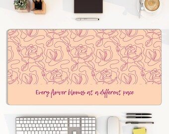 Pink floral large mouse pad, inspirational quote bloom flower roses line drawing minimalist desk mat, computer keyboard pad, gift birthday