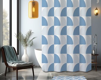 Blue half-moon retro Shower Curtain, Mid-century 70s style geometric vintage bathroom curtain mat, Home bath Set Decor, House warming Gift
