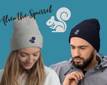 Alvin the Squirrel | Cuffed Beanie, cute funny squirel hat, embroidery winter hat, toque, essential outdoor gear, warm & cozy, squirrel gift
