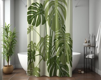 Green monstera Shower Curtain, simple modern contemporary leaves plant, minimalist Bathroom Curtain Mat, home bath Decor, House warming Gift