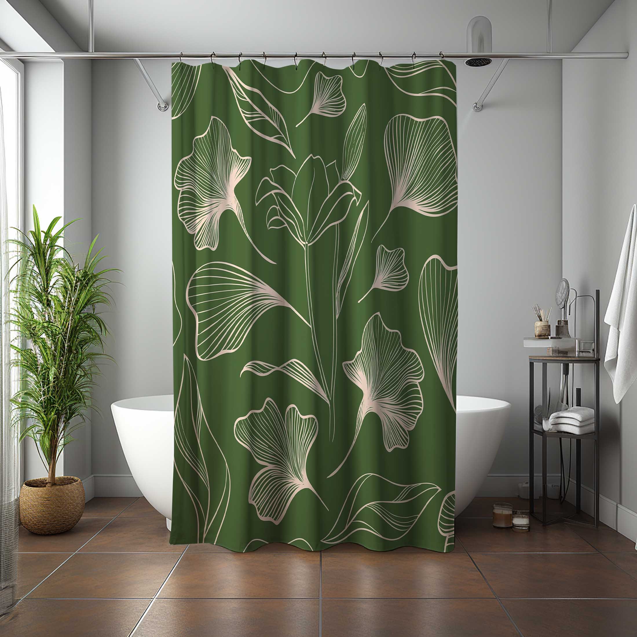 Green gingko leaves Shower Curtain, botanical tropical spring summer garden, Bathroom Curtain Mat, home bath Decor, House warming Gift