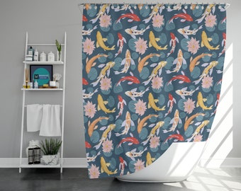 Colorful koi fishes Shower Curtain, red blue yellow sea pond pink lotus leaves ocean Bathroom Curtain Mat, beach home bath Decor, house gift