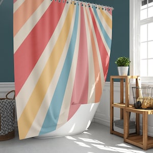 Colorful retro summer Shower Curtain, Mid-century vertical stripe red blue, Bathroom Curtain Mat, fun Home bath Decor, House warming Gift