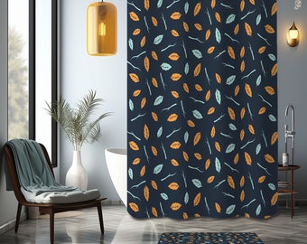 Blue orange leaves Shower Curtain, botanical tropical forest cottagecore, modern farmhouse Bathroom Curtain Mat, home bath Decor, House Gift