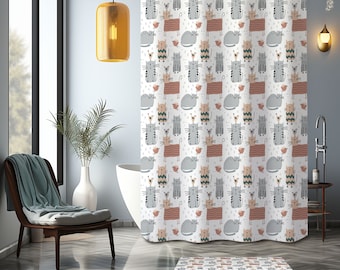 Cute brown gray cats Shower Curtain, simple kawaii cartoon zoo animal themed, bathroom curtain mat, home set decor kids bath, house gift
