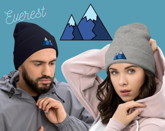 Mt. Everest Cuffed Beanie, nature lovers, embroidery winter hat, gift for mountain hikers, toque, essential hiking gear, warm & cozy