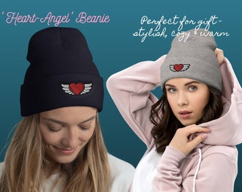 Heart Angel Cuffed Beanie, embroidery winter hat, gift for men women, toque, essential outdoor gear, knitted hat, warm & cozy, winter gift
