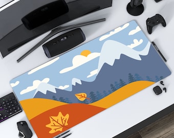 Blue mountain & maple leaf large mouse pad, landscape hill white cloud desk mat, autumn fall orange home Office, computer keyboard pad, gift