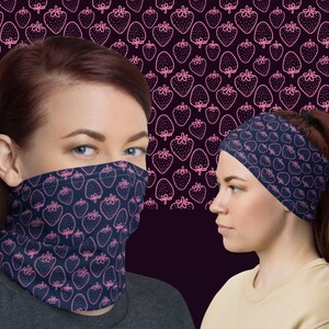 Strawberry print Face Mask, Neck gaiter, Washable Reusable breathable, gift for women vegan, accessories ,scarf, bandana, headband,blue pink