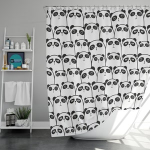 Linda cortina de ducha de panda blanco y negro, temática de animales del zoológico de dibujos animados simples, alfombra de cortina de baño, decoración del hogar baño para niños, regalo de inauguración de la casa