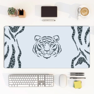 Tiger face minimalist large mouse pad, wildlife animal nature blue grey desk mat, computer keyboard pad, gift friend kid children birthday