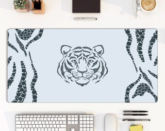 Tiger face minimalist large mouse pad, wildlife animal nature blue grey desk mat, computer keyboard pad, gift friend kid children birthday