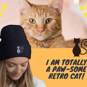 Retro Cat Cuffed Beanie, Cat Lover Gift, cute kitten, embroidery winter hat, toque, essential outdoor gear, warm & cozy, gift for cat mom