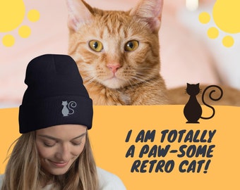 Retro Cat Cuffed Beanie, Cat Lover Gift, cute kitten, embroidery winter hat, toque, essential outdoor gear, warm & cozy, gift for cat mom