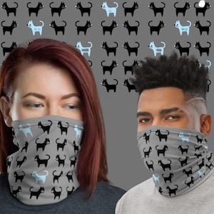 Black blue cat Face Mask, Neck gaiter, Washable Reusable Breathable, gift for cat lovers cat mom, stylish accessories, scarf, bandana
