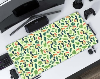 Bird in the forest large mouse pad, toucan green monstera leaves botanical tropical desk mat, computer keyboard pad, gift friend birthday