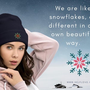 Snowflakes Cuffed Beanie, embroidery winter hat, holiday christmas gift, toque, essential outdoor gear, knitted hat, warm & cozy