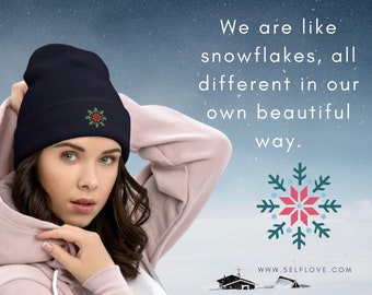 Snowflakes Cuffed Beanie, embroidery winter hat, holiday christmas gift, toque, essential outdoor gear, knitted hat, warm & cozy