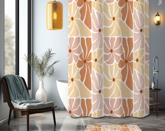 Cortina de chuveiro floral marrom roxo, flor vintage de meados do século 60 anos 70, tapete de cortina de banheiro eclético caprichoso, decoração de banho para casa, presente de casa