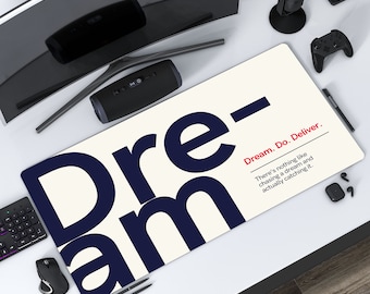 Dream Do Deliver large mousepad, inspirational quote blue red black typography desk mat, home Office decor, computer keyboard pad, grad gift