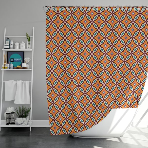 Orange star retro Shower Curtain, 70s vibe vintage mid-century bathroom curtain mat, elegant modern Home bath Set Decor, House warming Gift