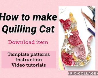 Quilling template , Cat Quilling download, Quilling kit, Pink Cat art, Quilling flower, Quilling tutorial, Video tutorial, instant download