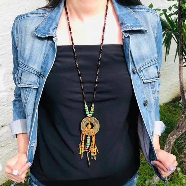 Native America Indian Jewelry 7th Anniversary Gift Wood Mala Necklace Collier femme Lariat Necklaces for Women Cadeau Maitresse