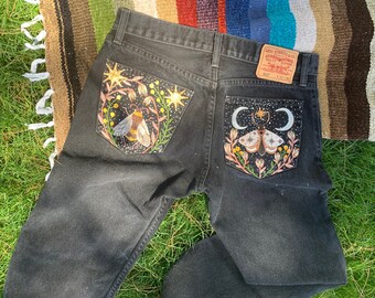 Hand Painted Levis Denim Jeans Moth and 