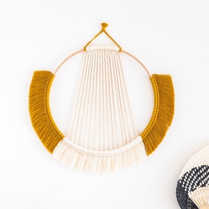 Mustard Circle Macrame, Circle Wall Hanging, Macrame Wall Art, Yarn Tapestry, Round Fiber Art, Textile Wall Decor, Boho Wall Decoration