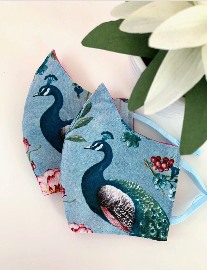 Peacock Floral Doublesided 100 Cotton Lined Face Masks W/ Etsy