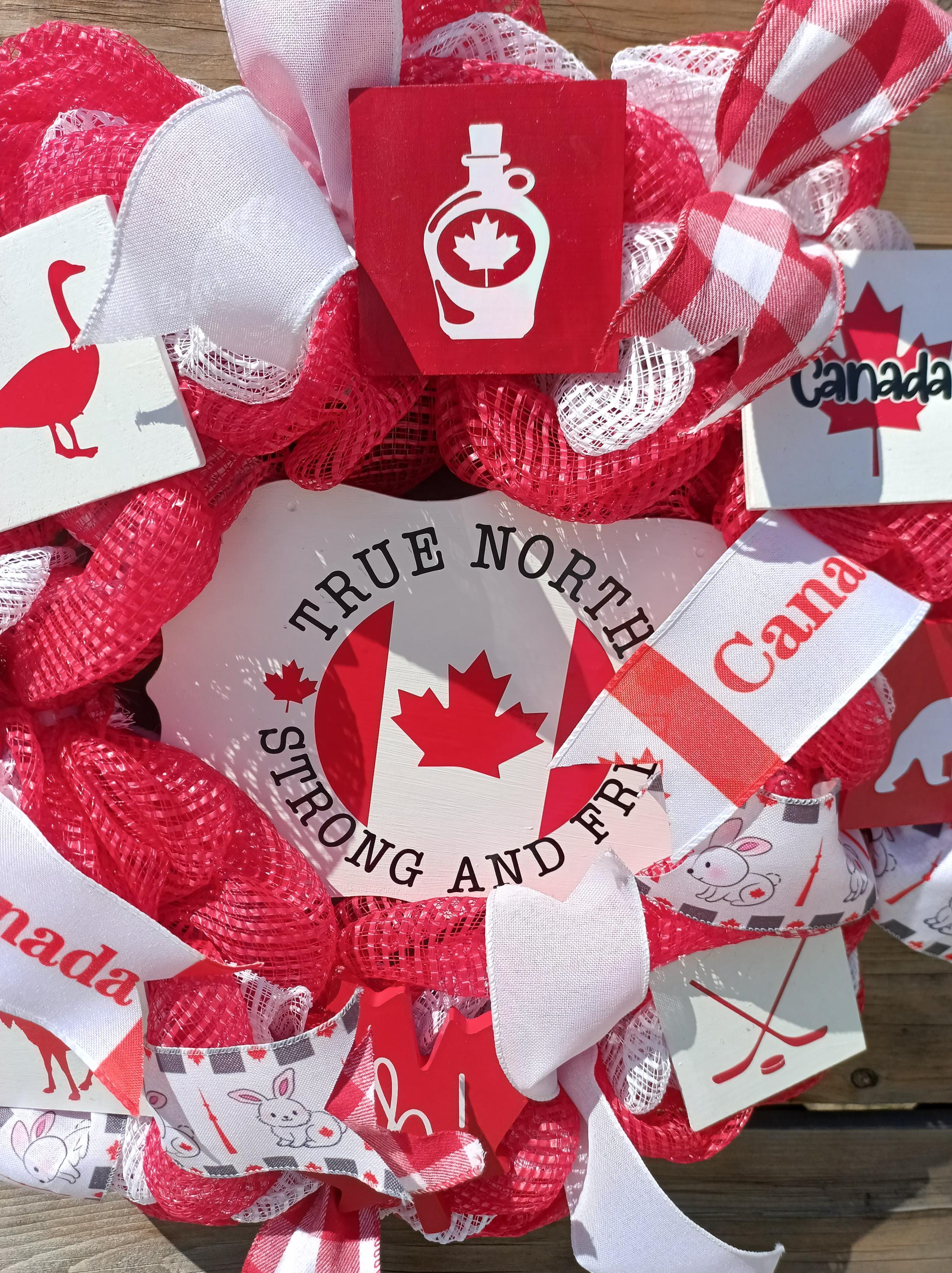 border ribbon shell wreathe ❤︎ グログラン リース Canada Day Wreath: Handmade Red & White Deco Mesh, Maple Leaf