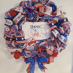 Patriotique, 4 juillet, couronne patriotique, États-Unis, fêter, feux d'artifice, rouge blanc et bleu, étoiles et rayures, Memorial Day, accrochage de la porte d'entrée