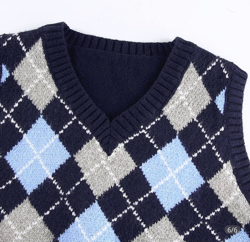 Checkered sweater vest cardigan blue and grey argile Etsy
